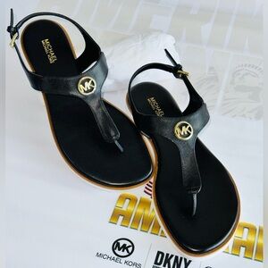 Michael Kors Judy Thong Sandal Black Saffiano Pvc / Gold Accents/With Box